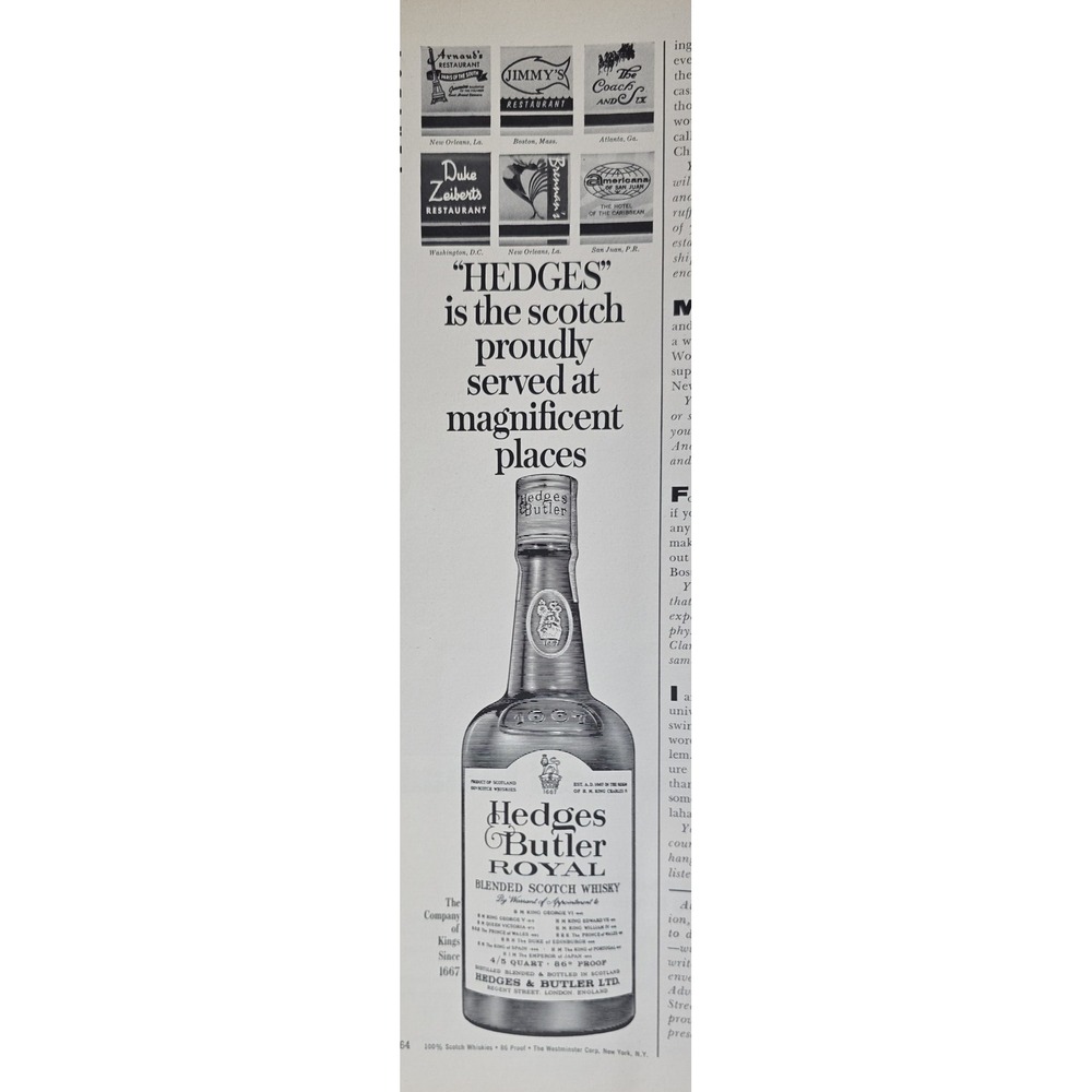 Vintage Hedges Butler Royal Blended Scotch Whisky Advertisement 1964